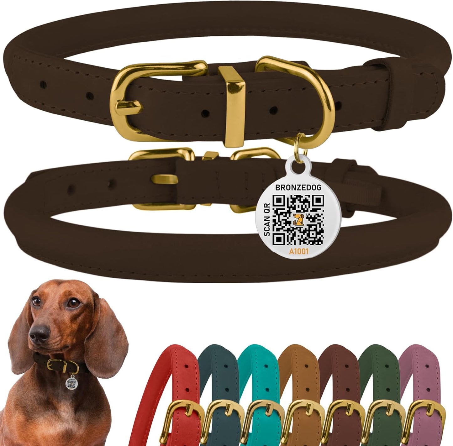 Leather Dog Collar with QR ID Tag, Adjustable Soft Round,Brown