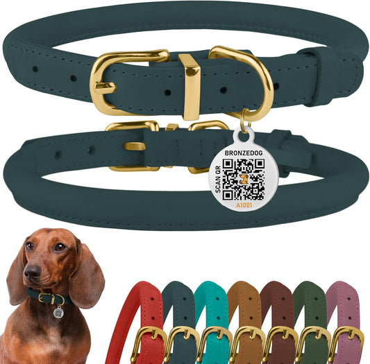 Leather Dog Collar with QR ID Tag, Adjustable Soft Round， Denim