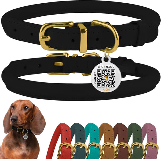 Leather Dog Collar with QR ID Tag, Adjustable Soft Round，Black Night