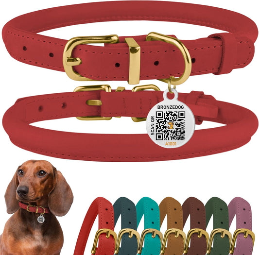 Leather Dog Collar with QR ID Tag, Adjustable Soft Round， Coral Pink