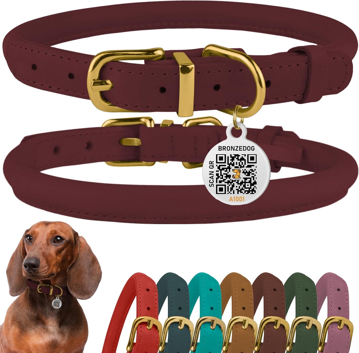 Leather Dog Collar with QR ID Tag, Adjustable Soft Round，Burgundy