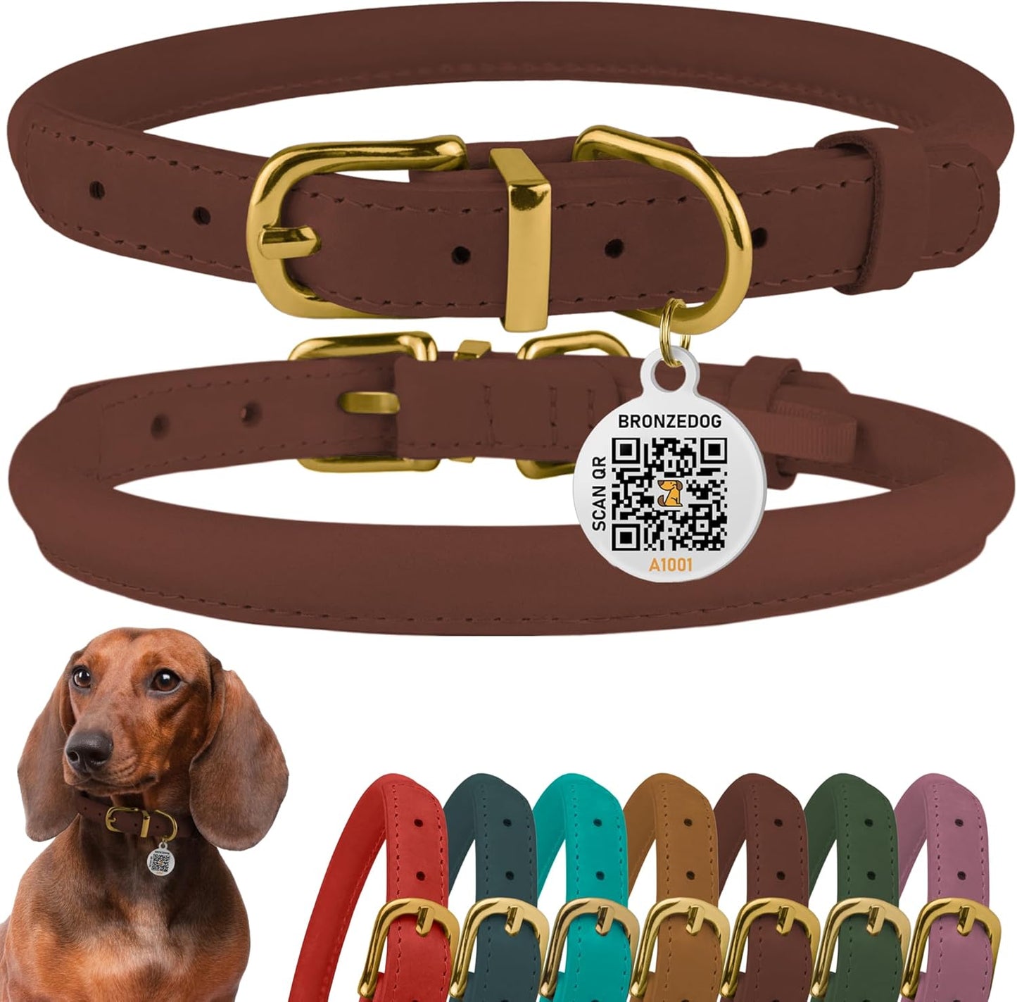 Leather Dog Collar with QR ID Tag, Adjustable Soft Round，Cognac Brown
