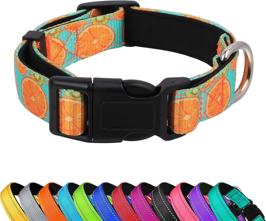 Reflective Dog Collar, Adjustable Soft Neoprene Padded Nylon Pet Collars with Buckle，Summer Lemon
