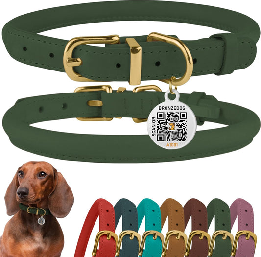 Leather Dog Collar with QR ID Tag, Adjustable Soft Round， Emerald Green