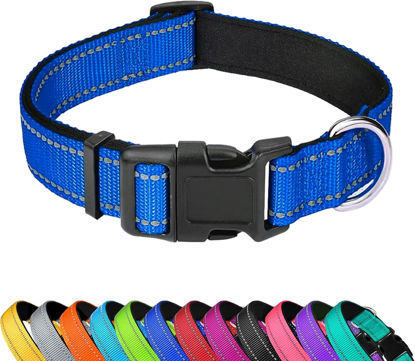 Reflective Dog Collar, Adjustable Soft Neoprene Padded Nylon Pet Collars with Buckle，Navy Blue