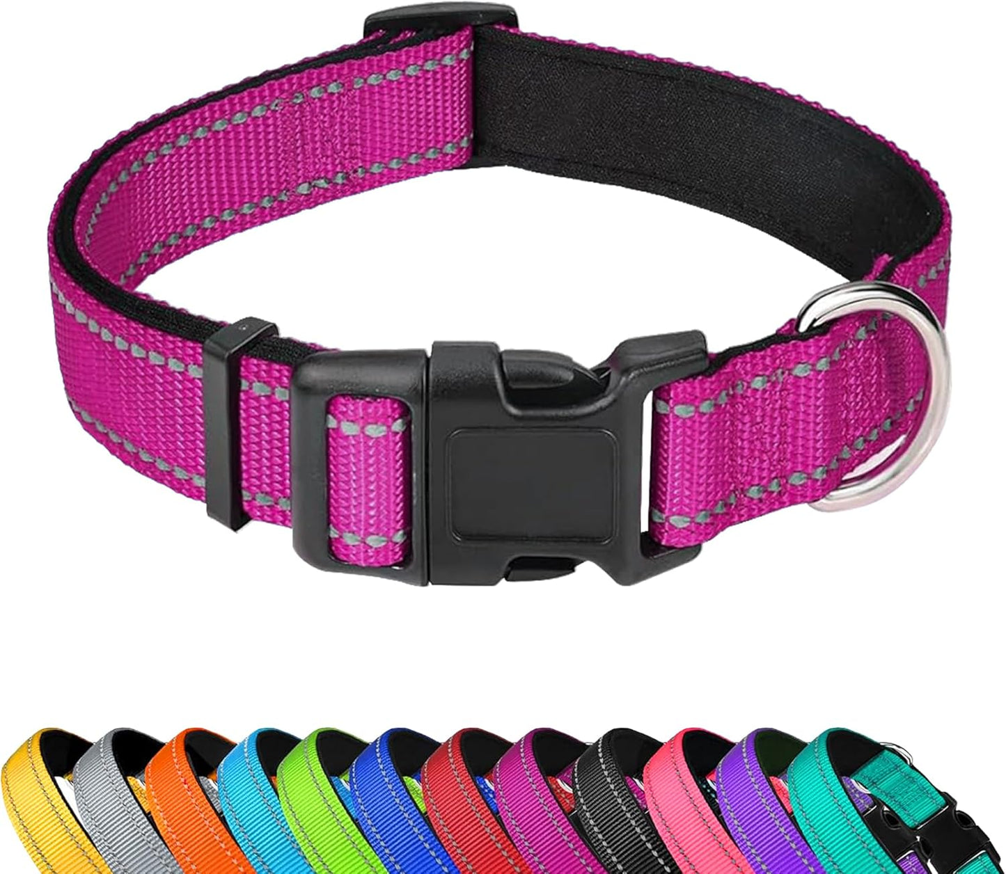 Reflective Dog Collar, Adjustable Soft Neoprene Padded Nylon Pet Collars with Buckle，Rose Red