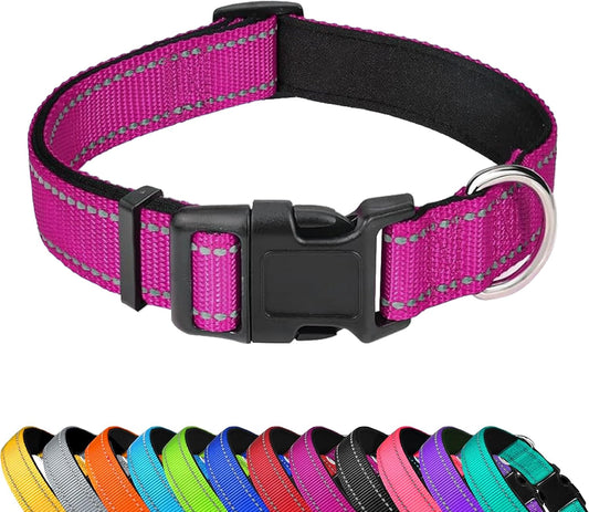 Reflective Dog Collar, Adjustable Soft Neoprene Padded Nylon Pet Collars with Buckle，Rose Red