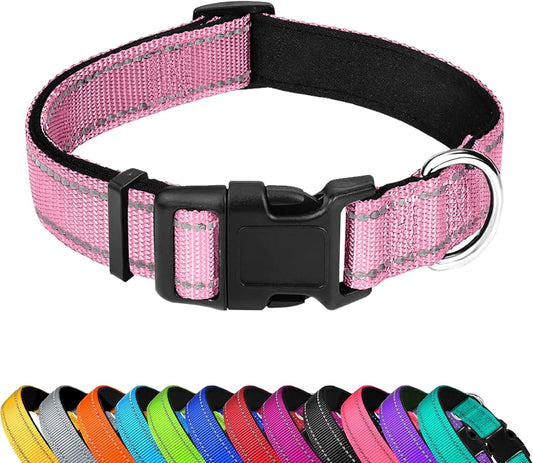 Reflective Dog Collar, Adjustable Soft Neoprene Padded Nylon Pet Collars with Buckle，Light Pink