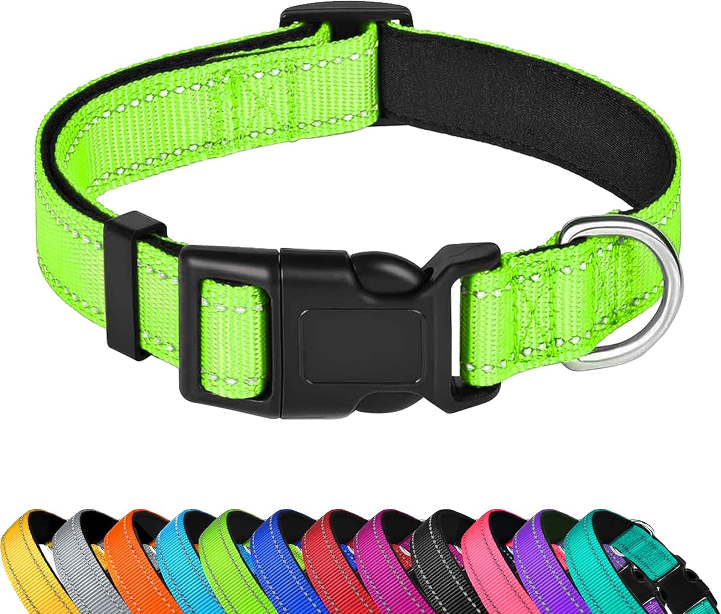 Reflective Dog Collar, Adjustable Soft Neoprene Padded Nylon Pet Collars with Buckle， Green