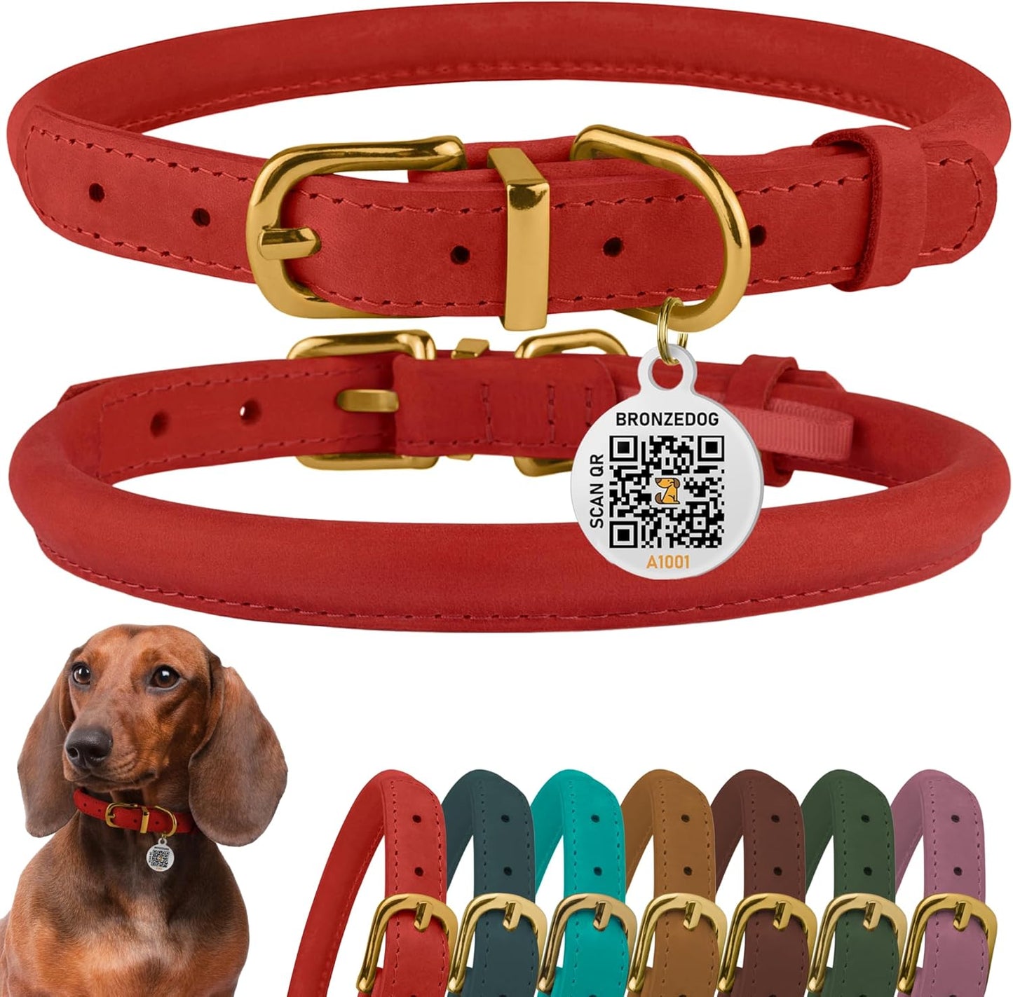 Leather Dog Collar with QR ID Tag, Adjustable Soft Round，Classic Red