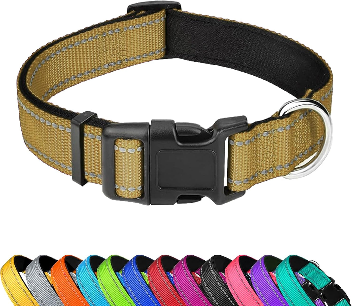 Reflective Dog Collar, Adjustable Soft Neoprene Padded Nylon Pet Collars with Buckle，  Khaki