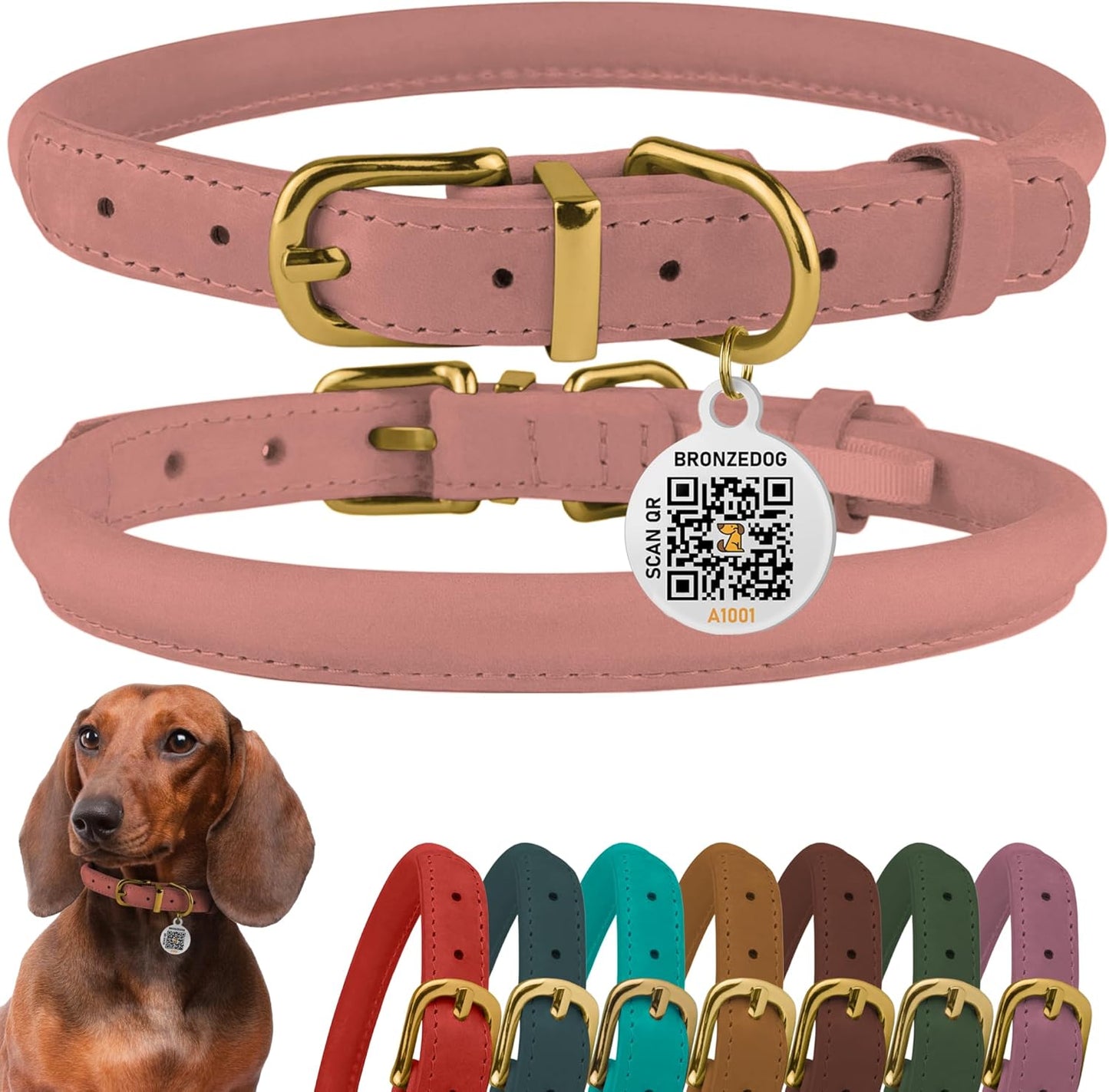 Leather Dog Collar with QR ID Tag, Adjustable Soft Round，Blush