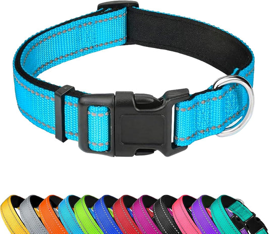 Reflective Dog Collar, Adjustable Soft Neoprene Padded Nylon Pet Collars with Buckle，Sky Blue