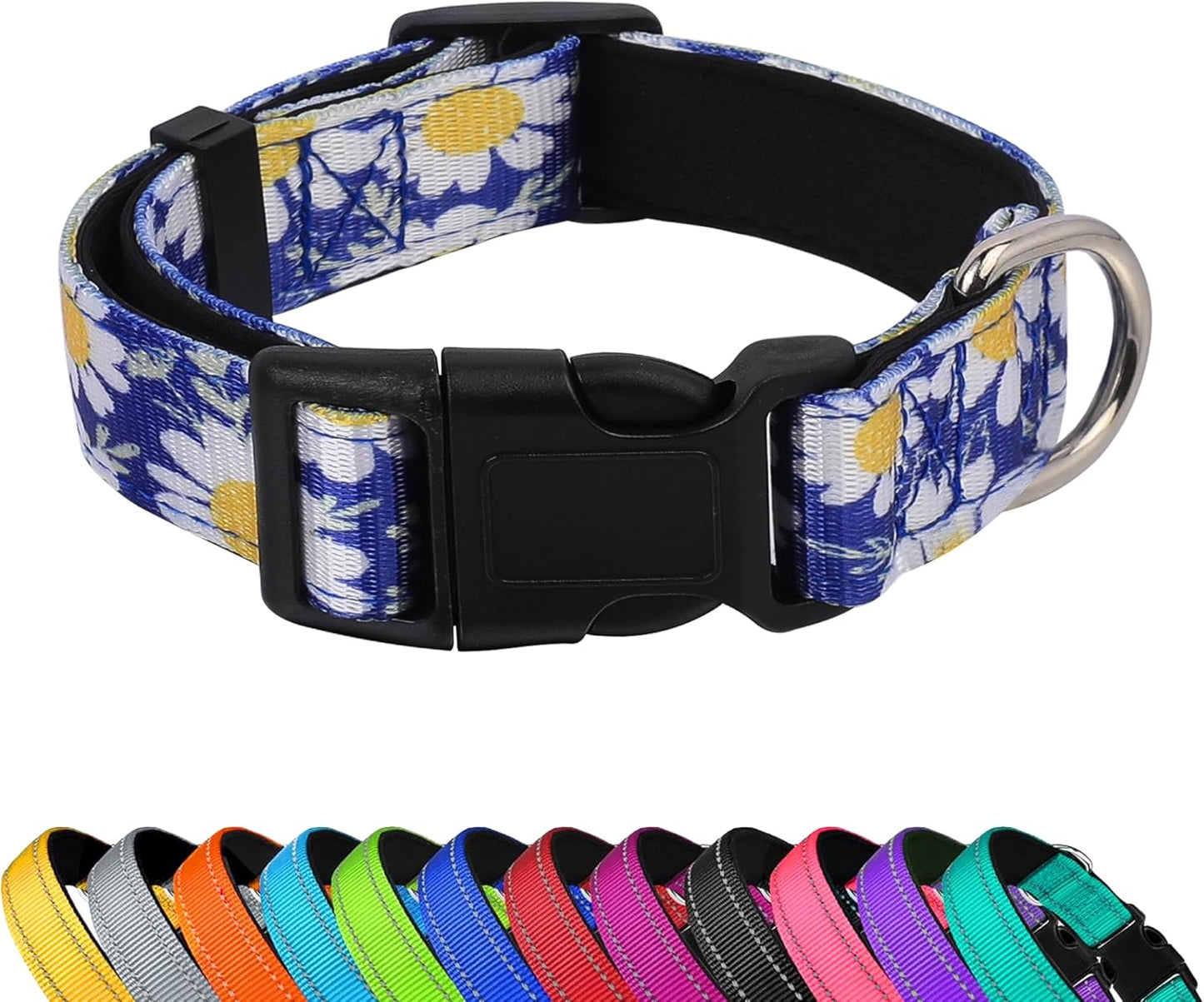Reflective Dog Collar, Adjustable Soft Neoprene Padded Nylon Pet Collars with Buckle，Daisies Blue