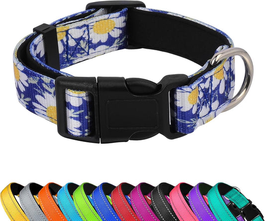 Reflective Dog Collar, Adjustable Soft Neoprene Padded Nylon Pet Collars with Buckle，Daisies Blue