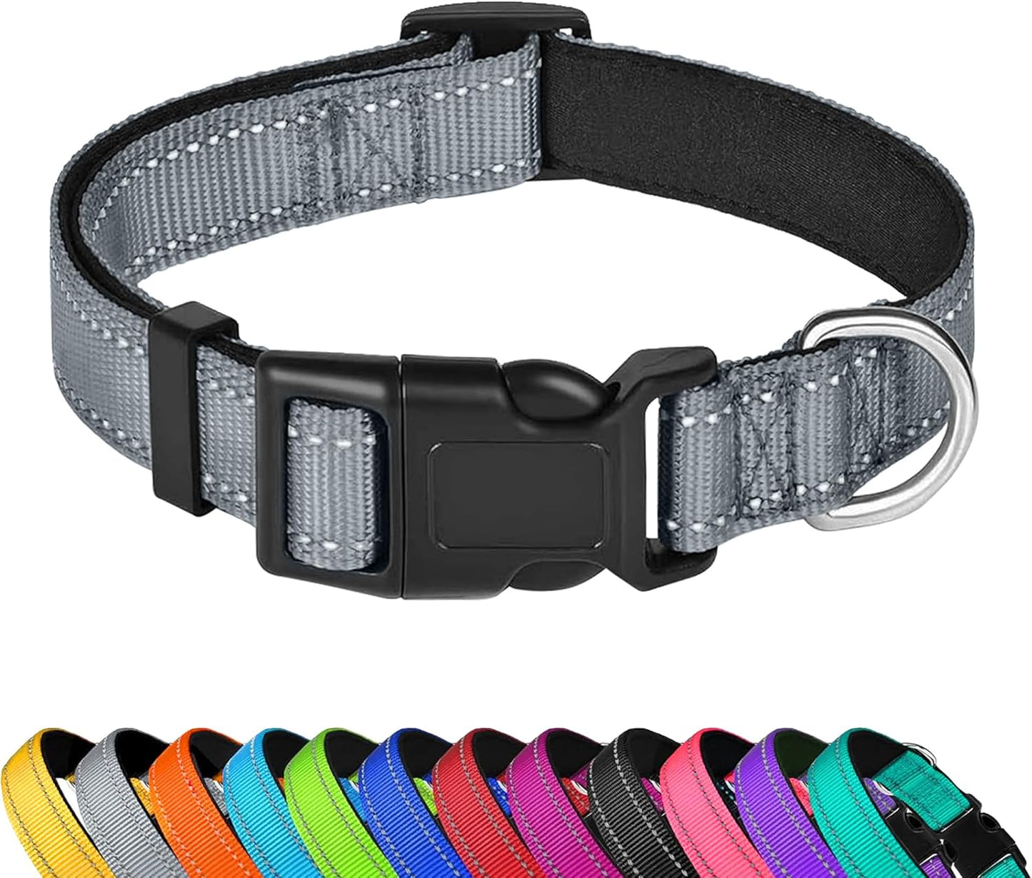 Reflective Dog Collar, Adjustable Soft Neoprene Padded Nylon Pet Collars with Buckle， Grey