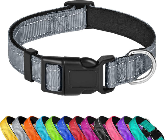 Reflective Dog Collar, Adjustable Soft Neoprene Padded Nylon Pet Collars with Buckle， Grey