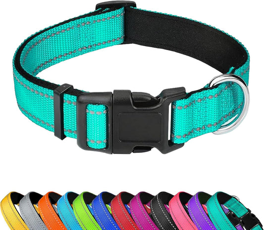 Reflective Dog Collar, Adjustable Soft Neoprene Padded Nylon Pet Collars with Buckle， Teal