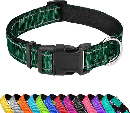 Reflective Dog Collar, Adjustable Soft Neoprene Padded Nylon Pet Collars with Buckle，Dark Green