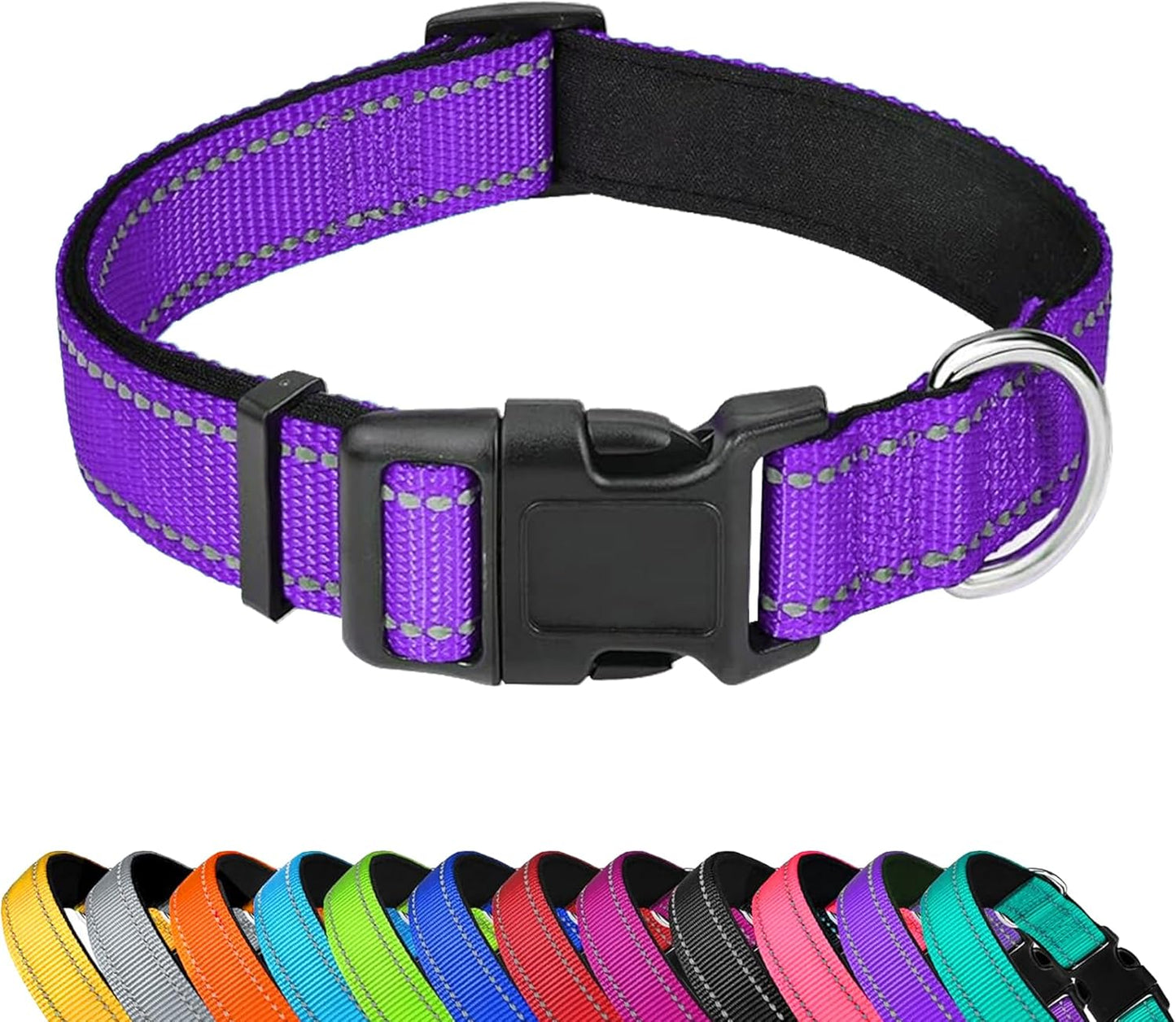 Reflective Dog Collar, Adjustable Soft Neoprene Padded Nylon Pet Collars with Buckle，Purple