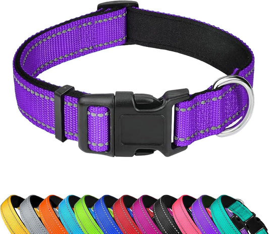 Reflective Dog Collar, Adjustable Soft Neoprene Padded Nylon Pet Collars with Buckle，Purple