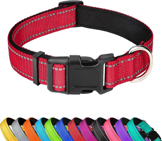 Reflective Dog Collar, Adjustable Soft Neoprene Padded Nylon Pet Collars with Buckle，Red