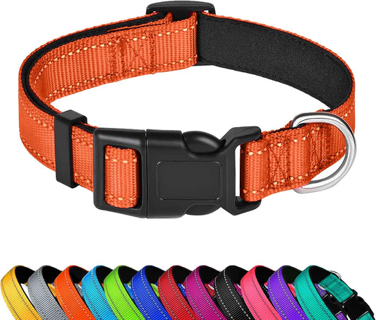 Reflective Dog Collar, Adjustable Soft Neoprene Padded Nylon Pet Collars with Buckle，Orange