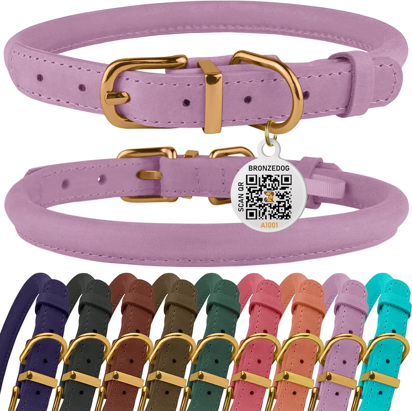 Leather Dog Collar with QR ID Tag, Adjustable Soft Round，Lavender
