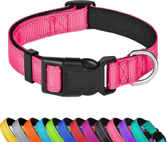 Reflective Dog Collar, Adjustable Soft Neoprene Padded Nylon Pet Collars with Buckle， Hotpink